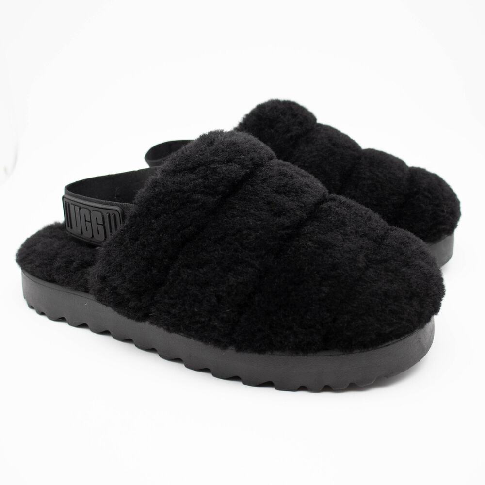 UGG Australia Womens SIZE 7 Super Fluff Black Shearling Slingback Slippers Shoes